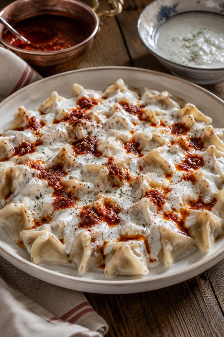 Authentic Turkish dumplings recipe: homemade vegetarian herb and curd pasta