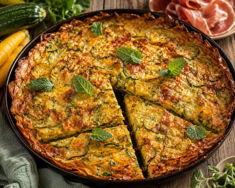 Baked Tuscan Zucchini Scarpaccia: Crispy Lemon Balm and Yellow Carrot Flatbread Baked Tuscan Zucchini Scarpaccia: Crispy Lemon Balm and Yellow Carrot Flatbread