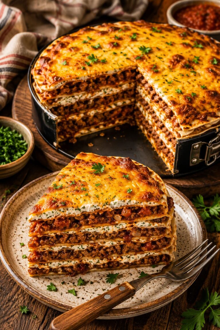 Baked tortilla cake: Layered beef cheese lasagna Baked tortilla cake: Layered beef cheese lasagna