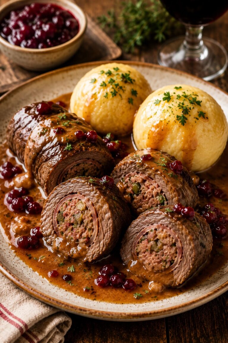Beef roulades with silk dumplings: Sausage stuffed gravy rolls Beef roulades with silk dumplings: Sausage stuffed gravy rolls