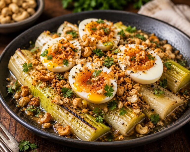 Braised peppery leeks: Smoked cashew egg crumble