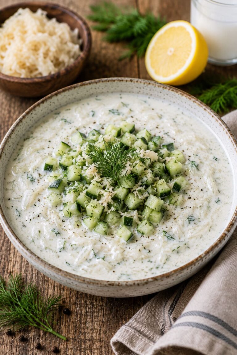 Chilled Eastern European Kefir Soup with Sauerkraut and Cucumber Tartare