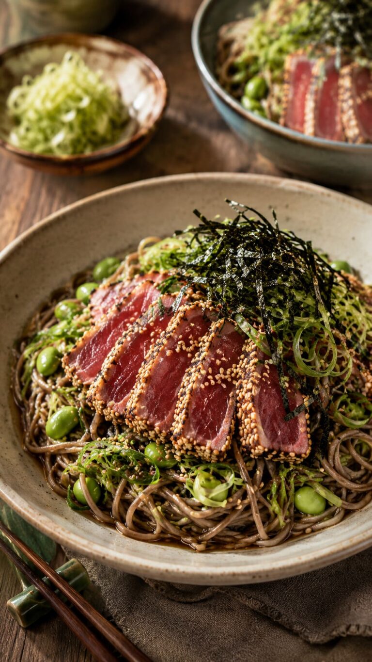 Chilled soba noodle bowl: Sesame crusted tuna steak Chilled soba noodle bowl: Sesame crusted tuna steak