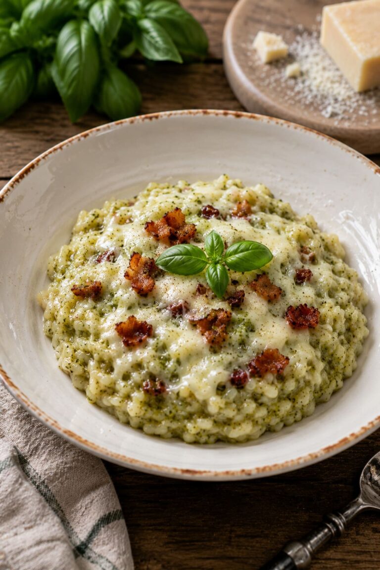 Creamy basil risotto: Crispy pancetta mozzarella melt Creamy basil risotto: Crispy pancetta mozzarella melt