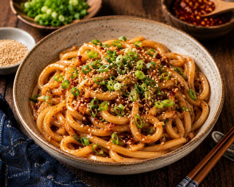 Creamy sesame udon noodles: Quick garlic chili glaze