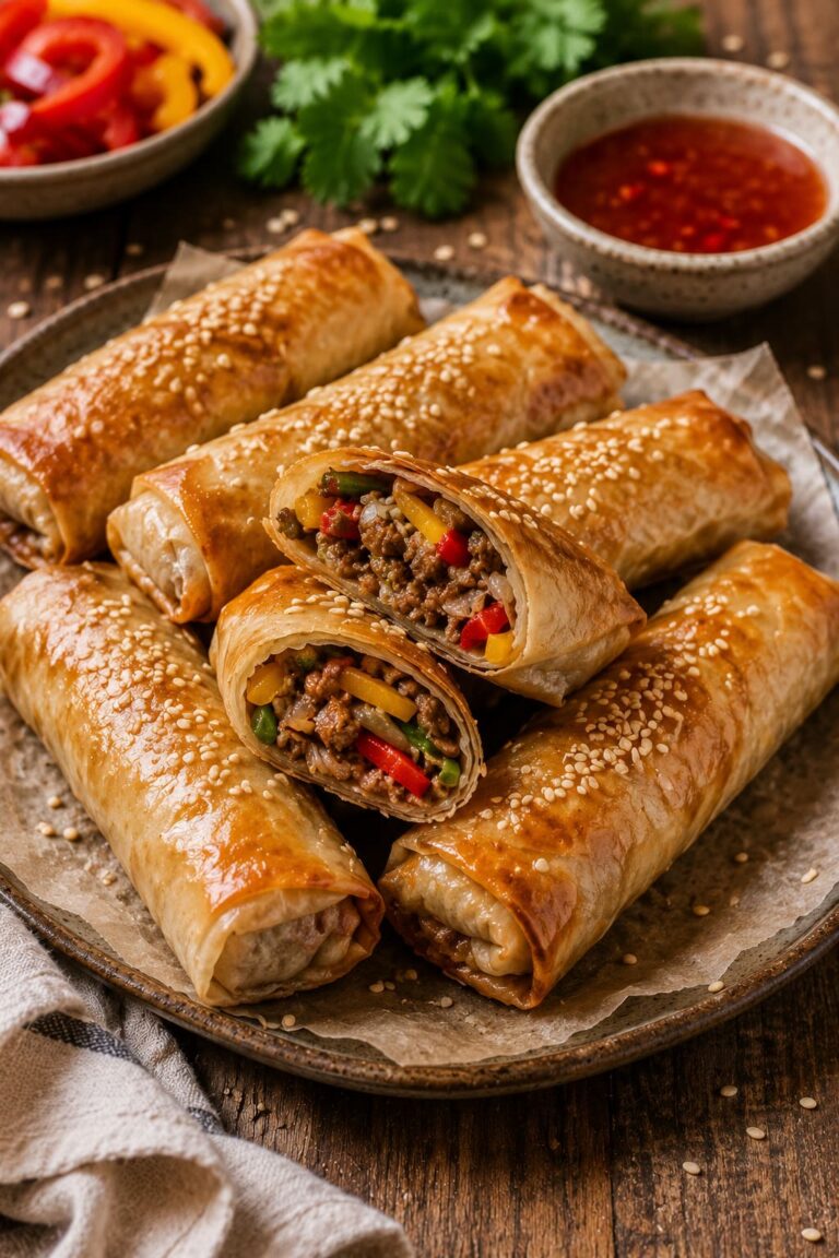 Crispy Baked Spring Rolls with Savory Beef and Mixed Vegetable Filling