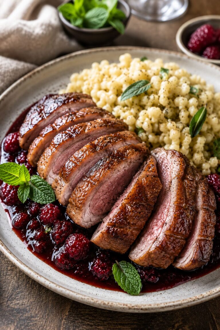 Crispy Pan Seared Duck Breast with Sweet Balsamic Raspberry Reduction