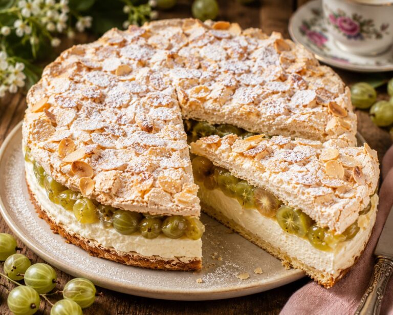 Crispy gooseberry meringue gateau: Double crunch vanilla torte Crispy gooseberry meringue gateau: Double crunch vanilla torte