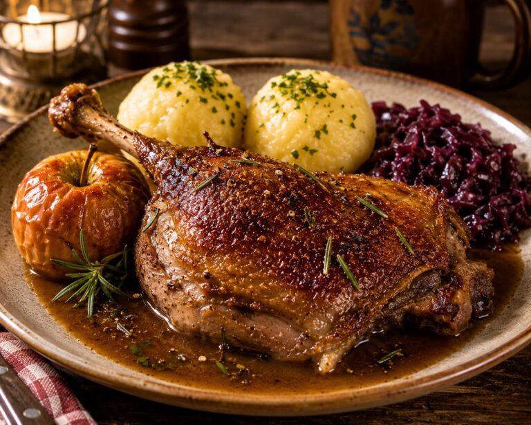 Crispy roast goose legs: Spiced winter apple gravy Crispy roast goose legs: Spiced winter apple gravy