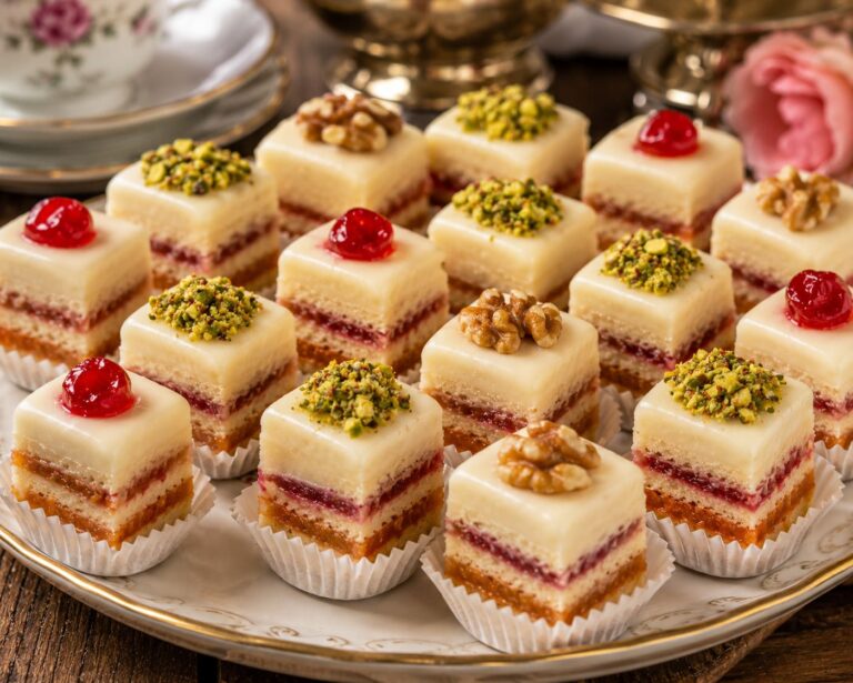 Elegant Bakery Style French Petits Fours: Layered Marzipan Sponge Cubes