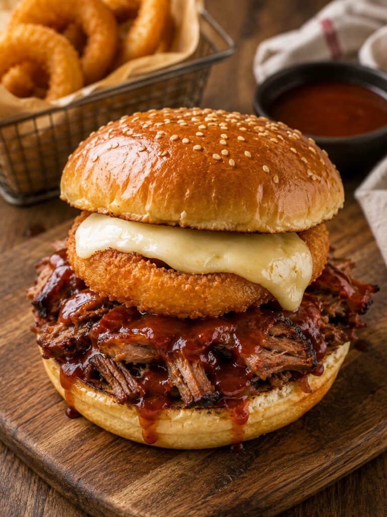 Epic Kansas City Chiefs Z-Man Burger: Smoked Brisket and Onion Ring Layered Masterpiece
