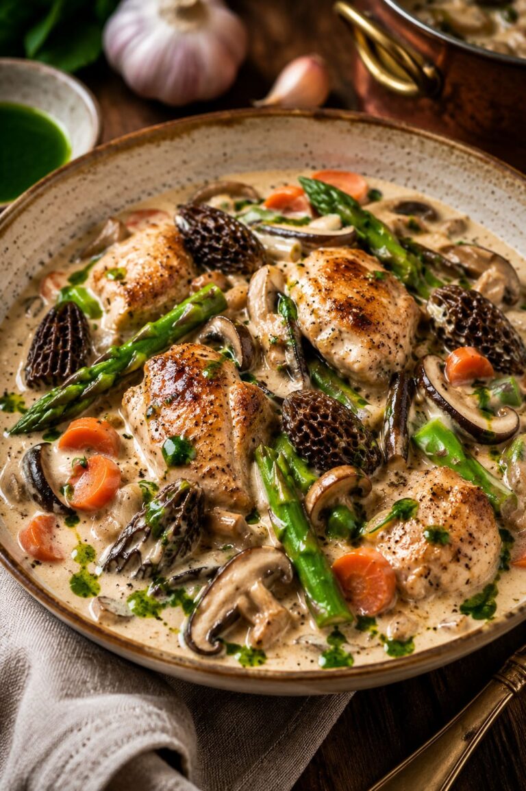 French chicken stew: Anise pastis morel reduction French chicken stew: Anise pastis morel reduction