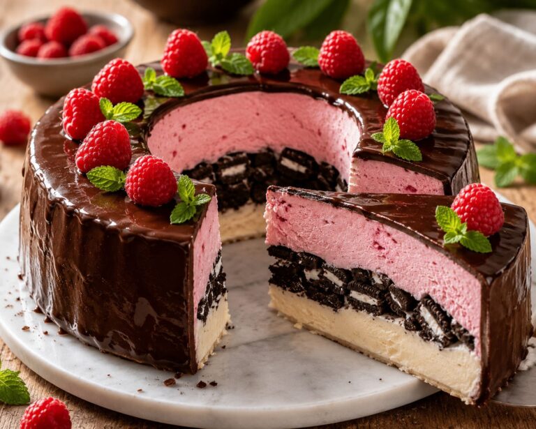 Frozen neapolitan cake wreath: Oreo biscuit icebox ring Frozen neapolitan cake wreath: Oreo biscuit icebox ring