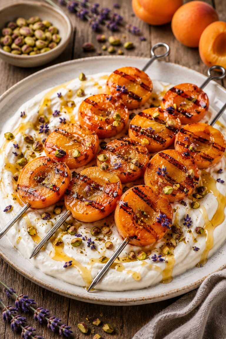 Grilled Apricot Skewers with Greek Yogurt, Pistachios, and Lavender