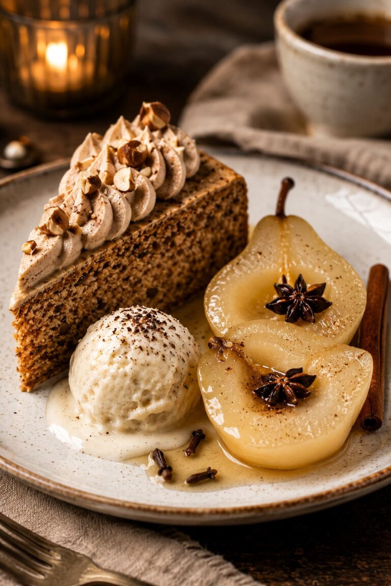 Hazelnut cake with poached pears: Tonka bean ice cream plate