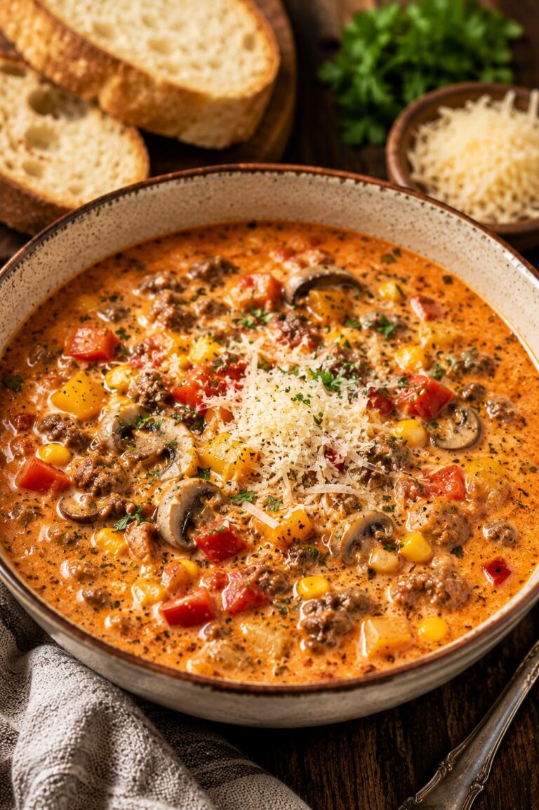 Hearty pizza soup: Creamy beef herb reduction