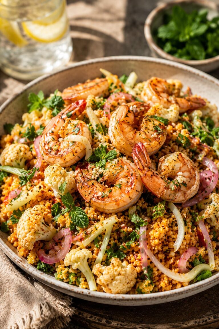Levantine couscous salad: Harissa prawn cauliflower pickles