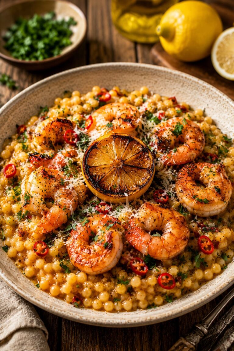 Limoncello prawns on quick risotto: Crispy lemon fregola pan