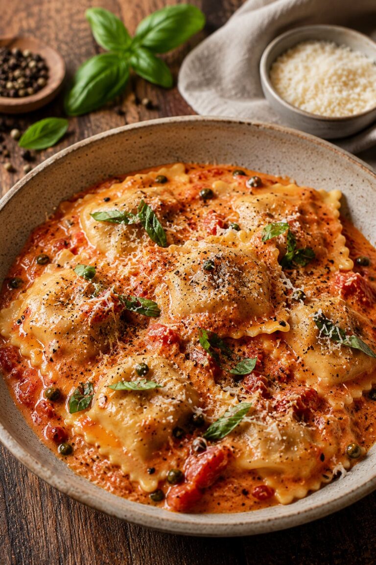 Mushroom ravioli: Creamy tomato pepper sauce