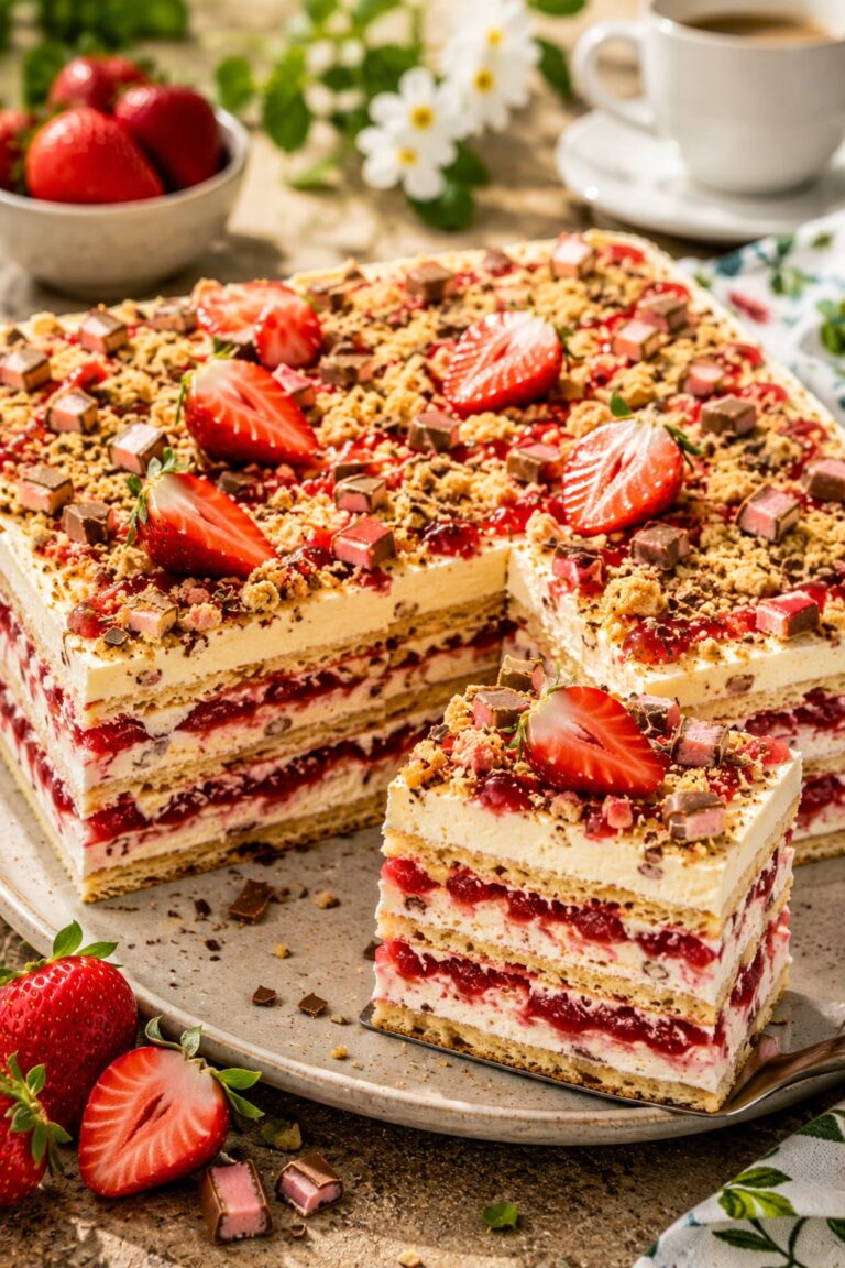 No bake strawberry yogurette cake: Frozen biscuit pudding slab