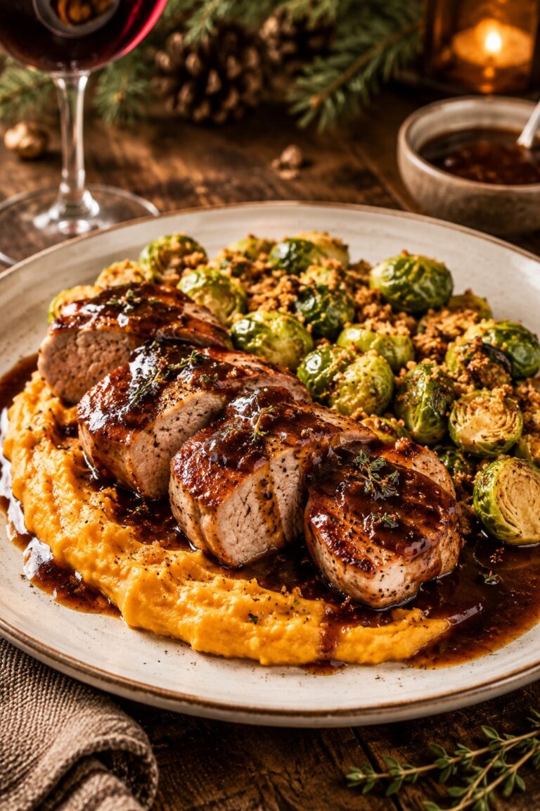 Pork tenderloin fillets: Gingerbread jus sweet potato mash