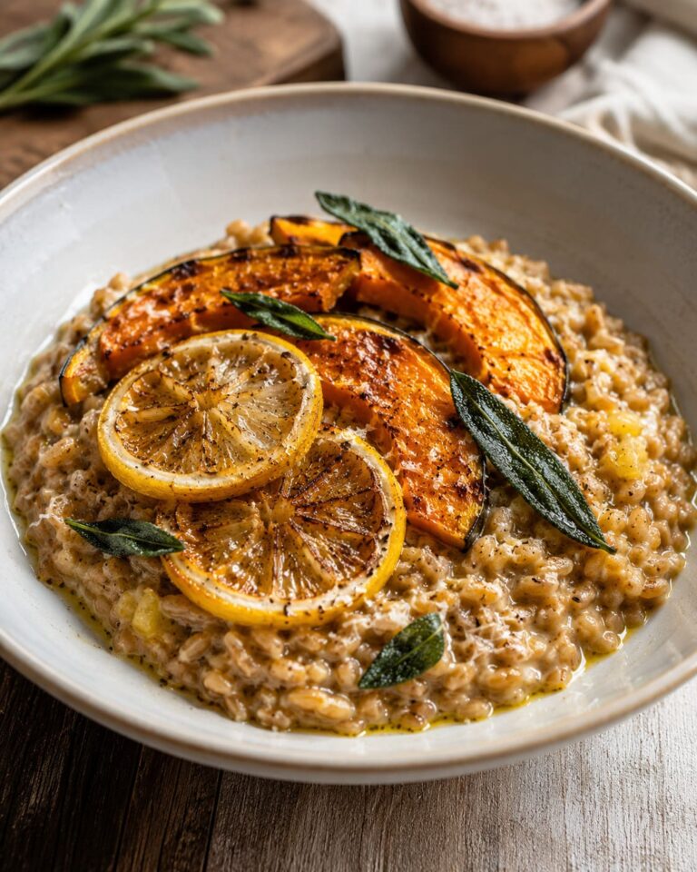 Pumpkin sage grain risotto: Smoked green spelt bowl
