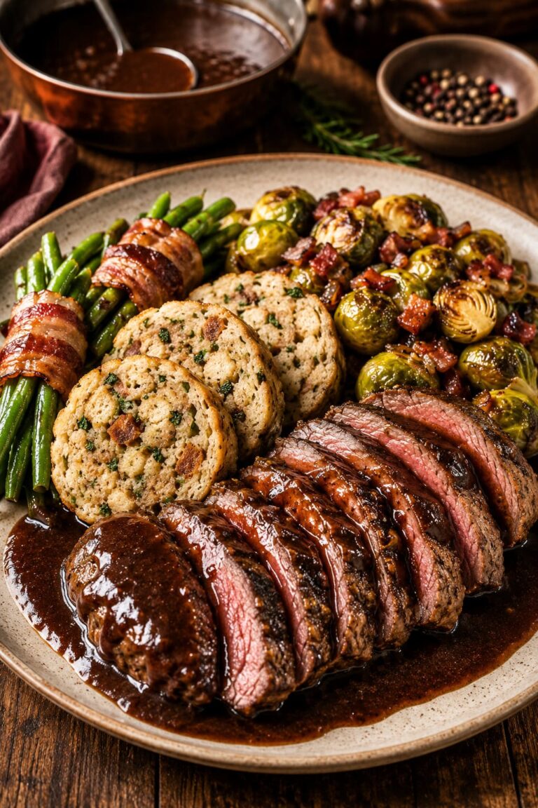 Roasted venison loin: Pretzel dumpling bacon greens
