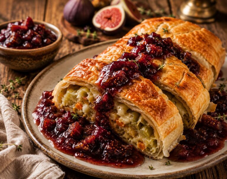 Savory leek cheese strudel: Red wine fig reduction