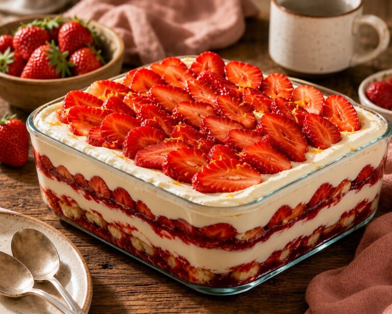 Strawberry tiramisu: Boozy triple dairy fruit stack
