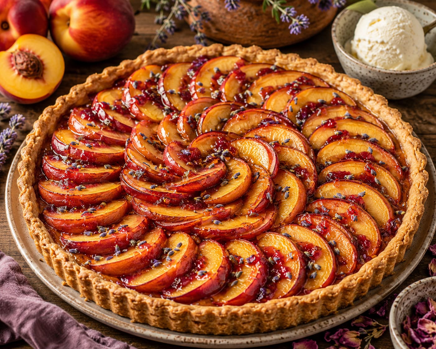 Summer Nectarine Tarte with Fragrant Rose Glaze and Lavender Blooms Summer Nectarine Tarte with Fragrant Rose Glaze and Lavender Blooms
