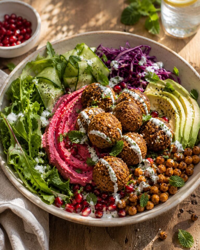 Vibrant Loaded Falafel Buddha Bowl with Homemade Beet Hummus Vibrant Loaded Falafel Buddha Bowl with Homemade Beet Hummus