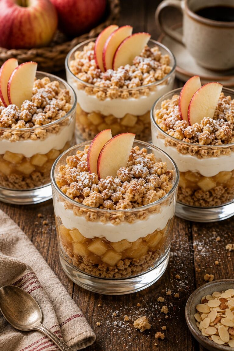 Apple marzipan crumble dessert: Creamy layered pie glasses Apple marzipan crumble dessert: Creamy layered pie glasses