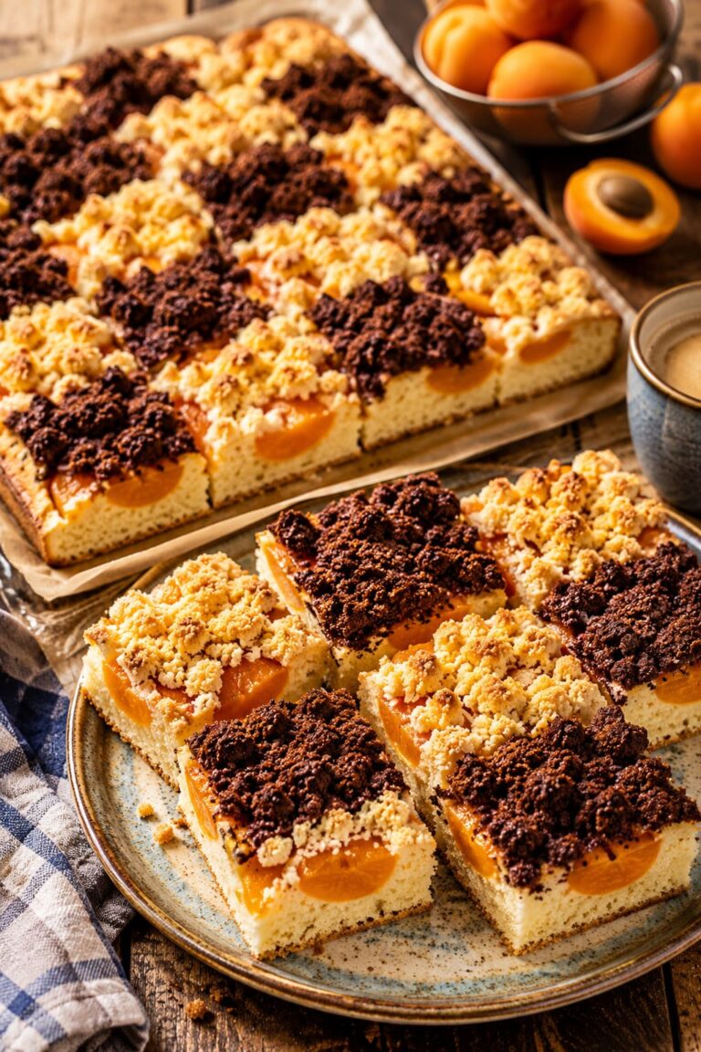 Apricot cake with chocolate crumbles: Golden fruit sheet pastry