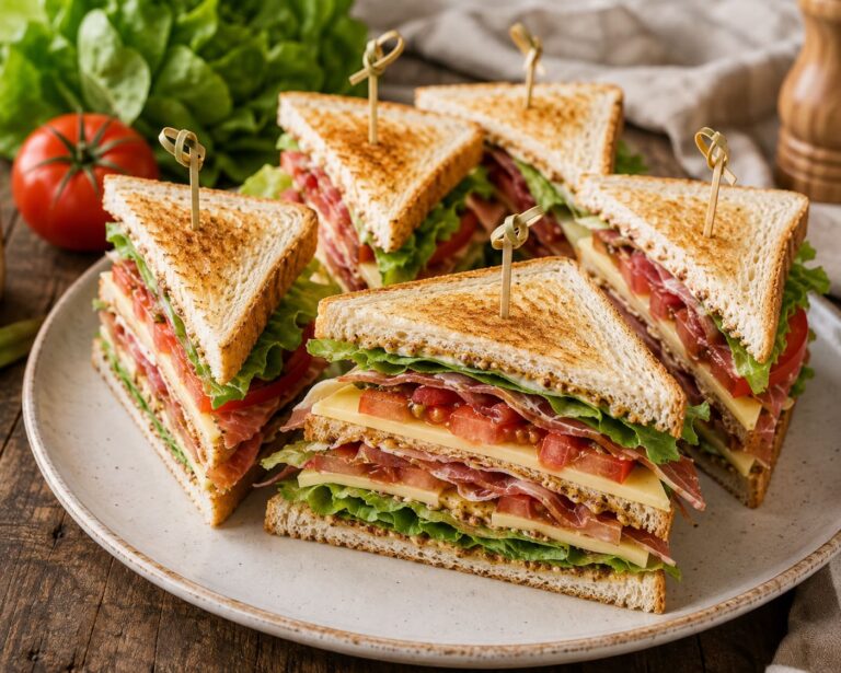 Classic Double Decker Club Sandwich with Sweet Mustard Dressing Classic Double Decker Club Sandwich with Sweet Mustard Dressing