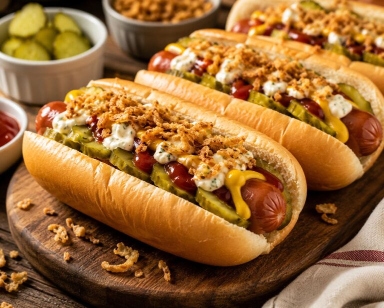 Classic Homemade Hot Dogs with Crispy Fried Onions and Relish