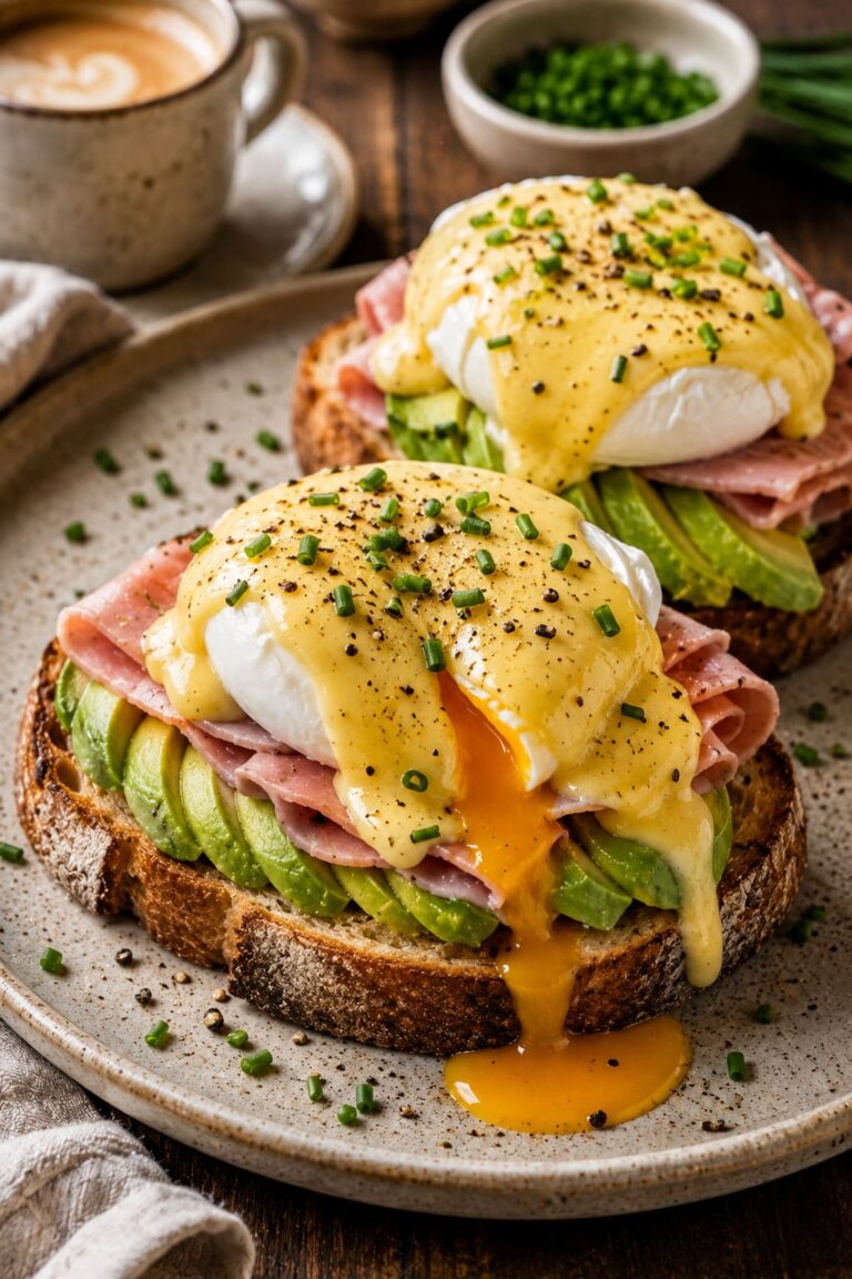 Classic eggs benedict on toast: Poached eggs avocado ham Classic eggs benedict on toast: Poached eggs avocado ham