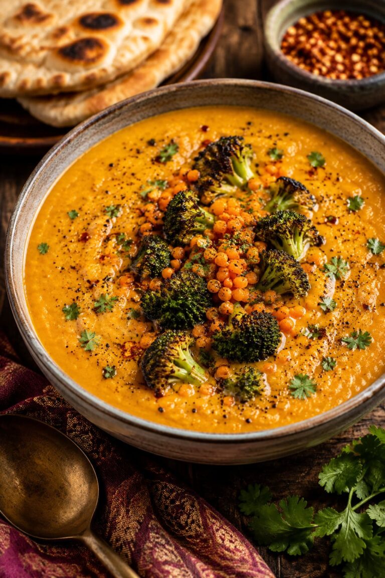 Creamy lentil curry soup: Spicy broccoli coconut broth
