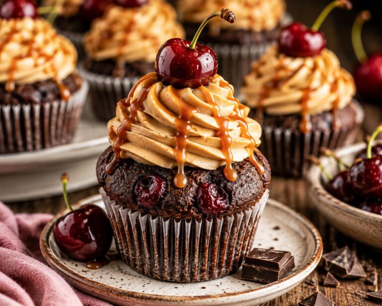 Decadent Cherry Caramel Cupcakes with Velvet Cream Cheese Frosting