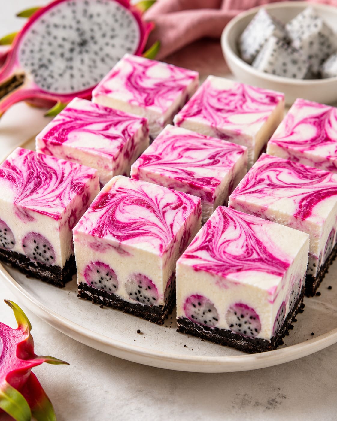 Dragon fruit cheesecake bites: Pink marbled no bake squares Dragon fruit cheesecake bites: Pink marbled no bake squares