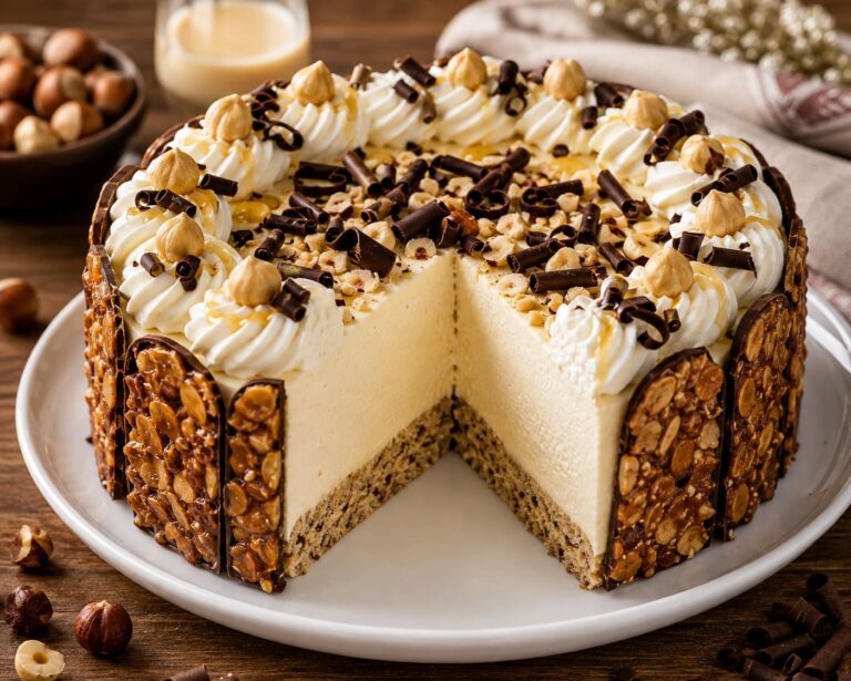 Egg liqueur mousse torte: Crunchy hazelnut florentine cake