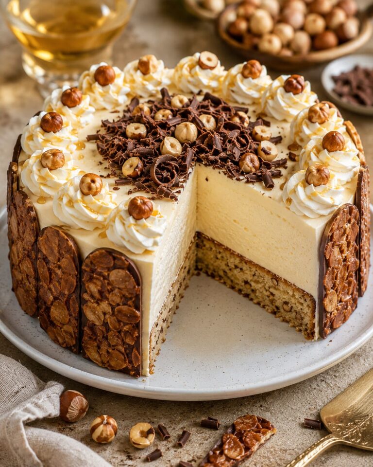 Egg liqueur mousse torte: Crunchy hazelnut florentine cake