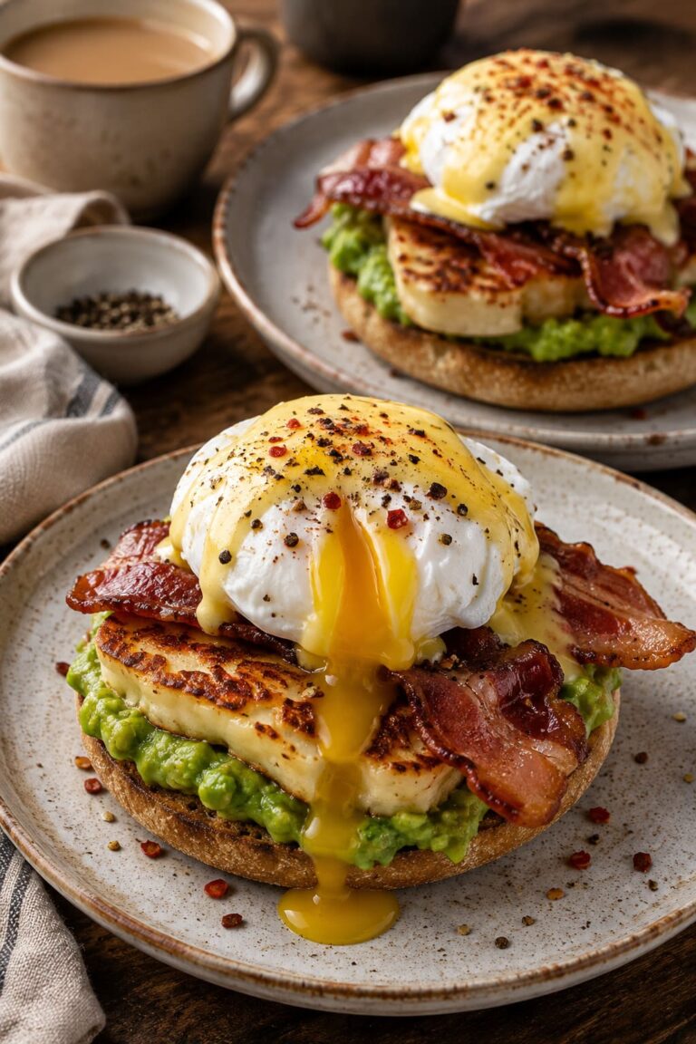 Eggs benedict on halloumi: Poached eggs pea guacamole