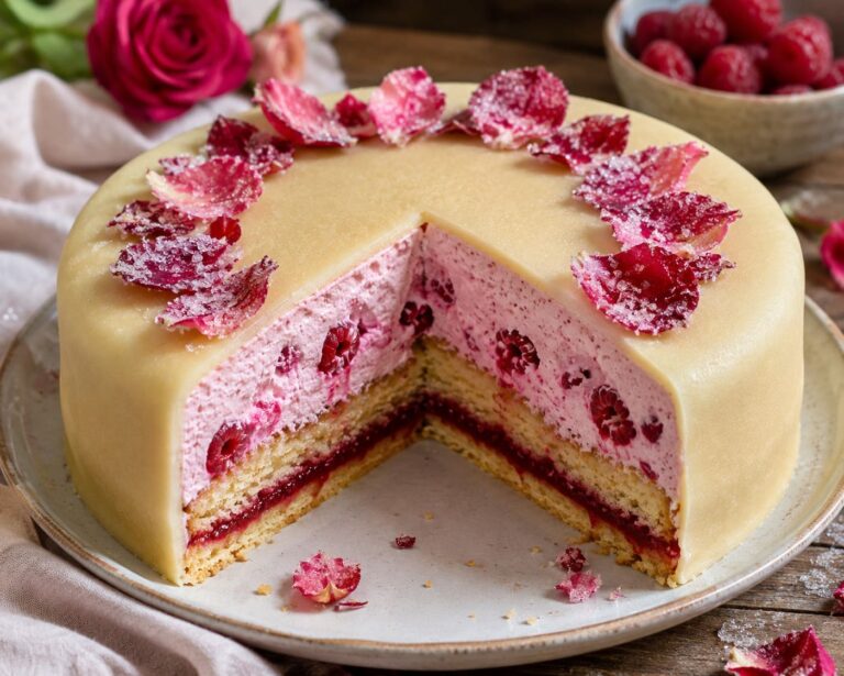 Elegant Raspberry Sherry Gateau with Smooth Marzipan Blanket