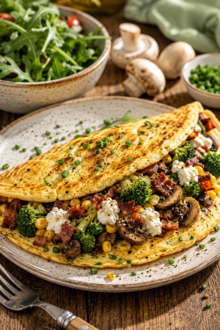 Loaded broccoli mushroom omelet: Savory ricotta bacon skillet