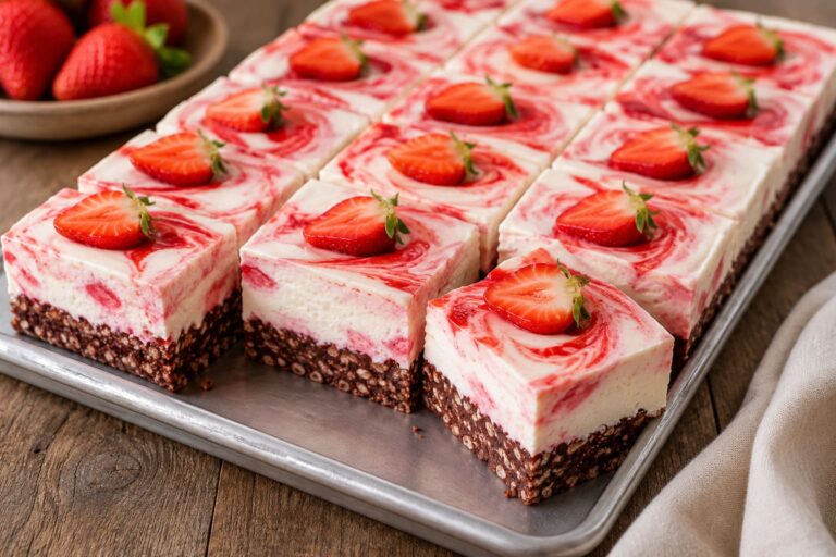 Marbled Strawberry Yogurt Squares with Crunchy Puffed Rice Crust Marbled Strawberry Yogurt Squares with Crunchy Puffed Rice Crust