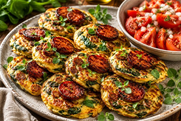 Mediterranean egg pancakes recipe: Crispy chorizo spinach cakes