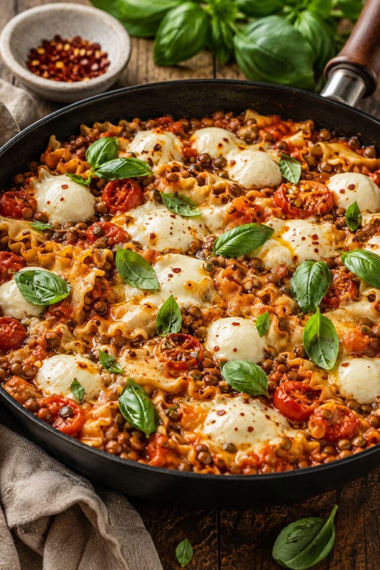 One pan lasagne recipe: Savory lentil bolognese skillet