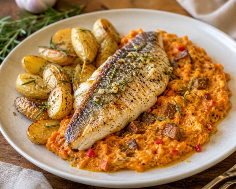 Pan-Seared Sea Bream with Creamy Spiced Pumpkin Slaw and Rosemary Potatoes