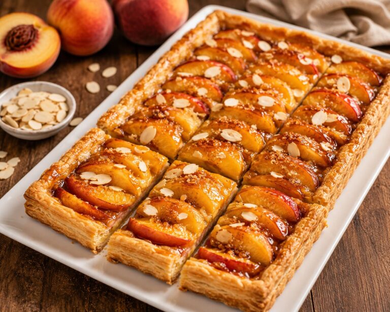 Peach tart: Crispy almond puff pastry dessert
