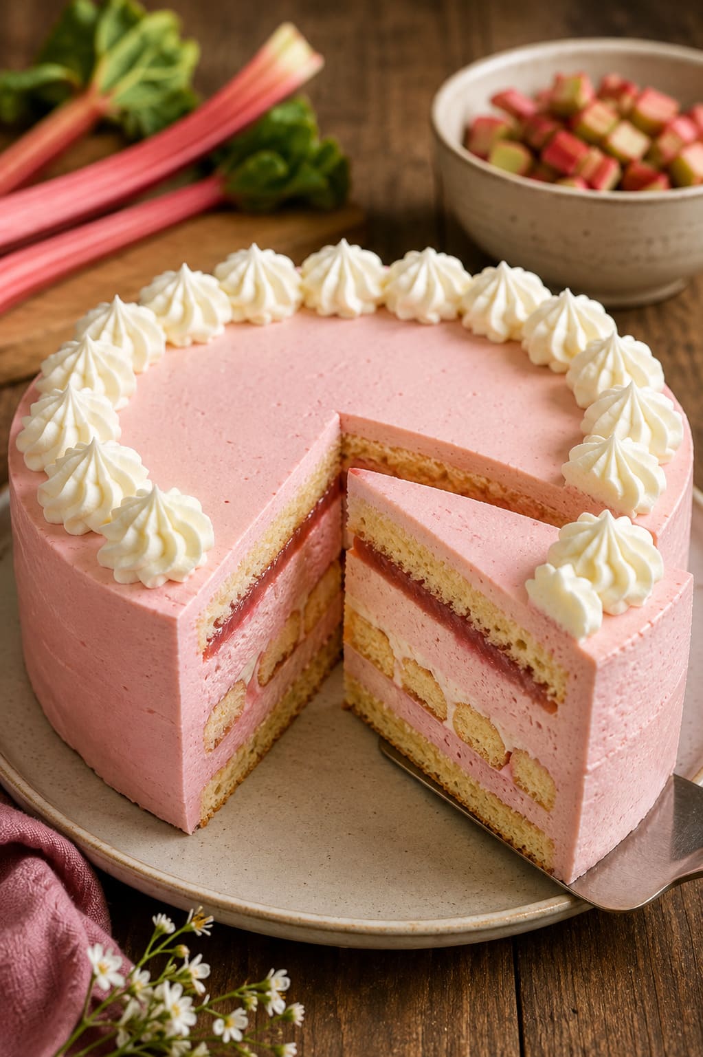 Pink rhubarb cream cake: Sweet white chocolate torte Pink rhubarb cream cake: Sweet white chocolate torte